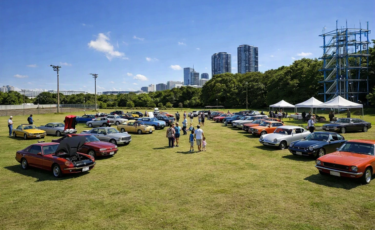 AI-generated mockup: classic cars parked in rows on the lawn beside the Monster Jungle tower, families walking between them