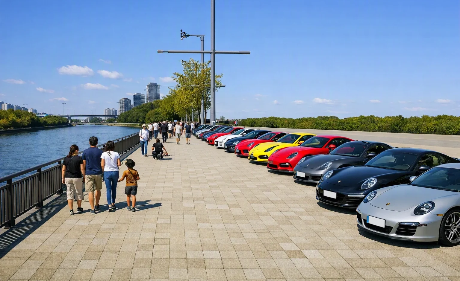 AI-generated mockup: a line of Porsches along the canal-side promenade, families strolling by the railing