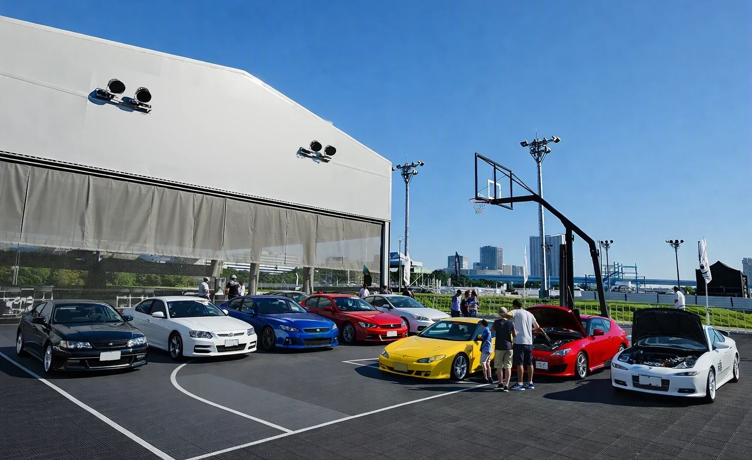 AI-generated mockup: Japanese performance cars parked on the 3x3 court, bonnets open, visitors around them