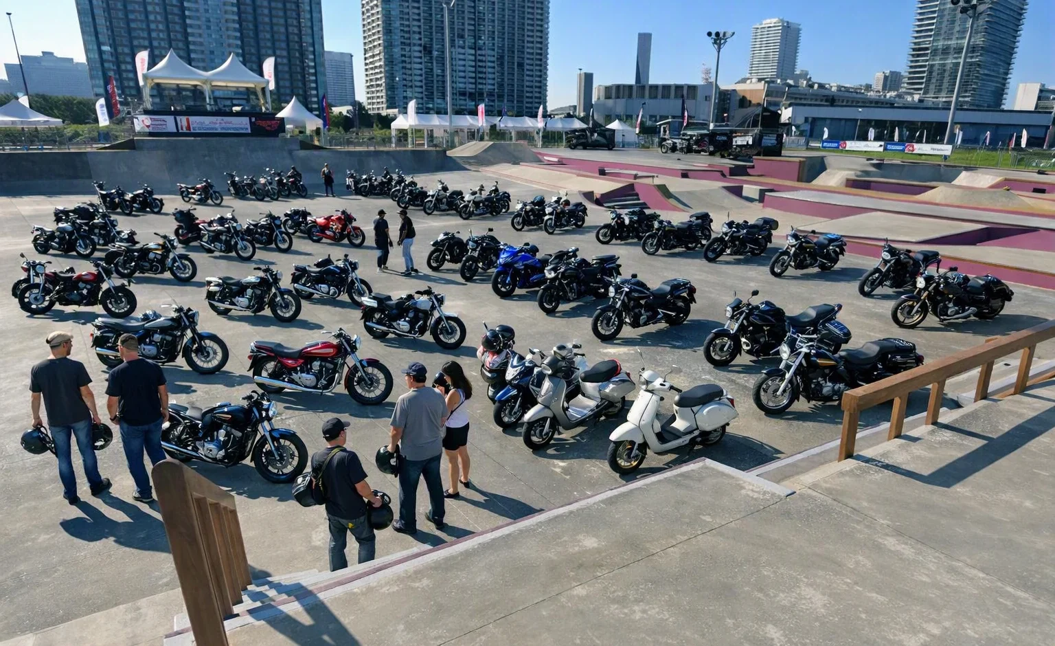 AI-generated mockup: rows of motorcycles of every kind parked across the skate park, riders with helmets in hand