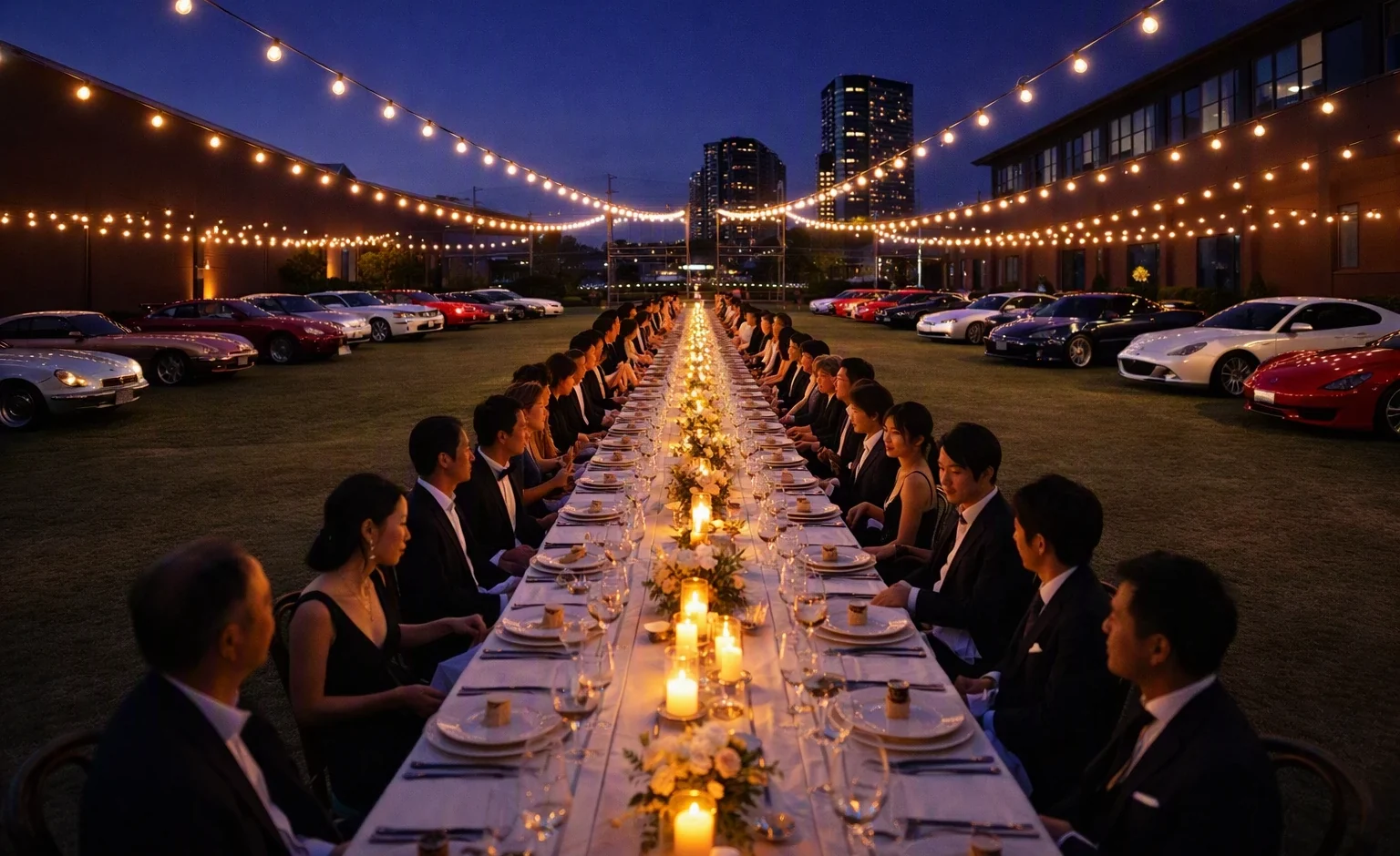 AI-generated mockup: one long candlelit table down the lawn under festoon lights, guests on both sides, collector cars parked along the edges