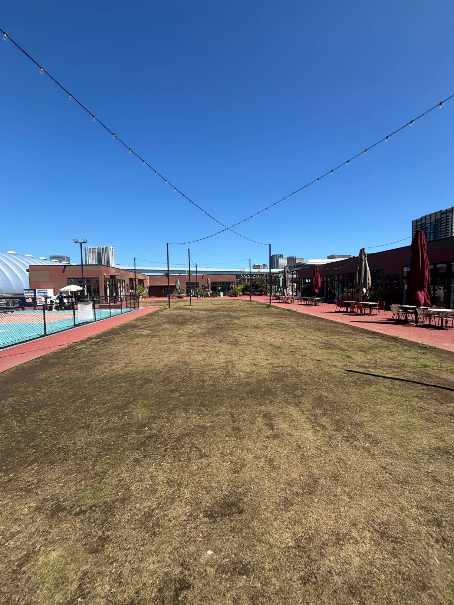 The market lawn under the string lights, the terraces on the right