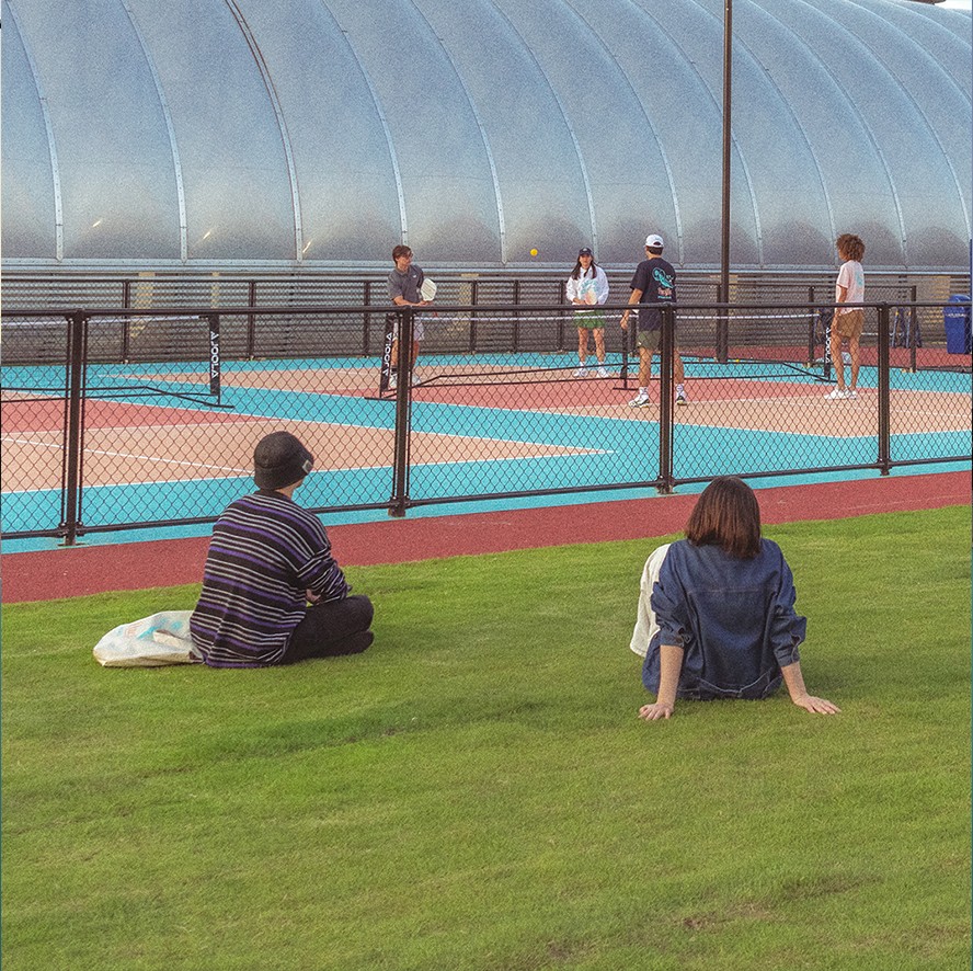 Two visitors on the lawn, watching a game of pickleball