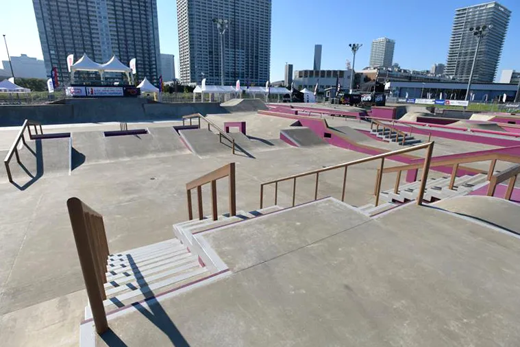 The skateboard park's ledges, stairs and rails